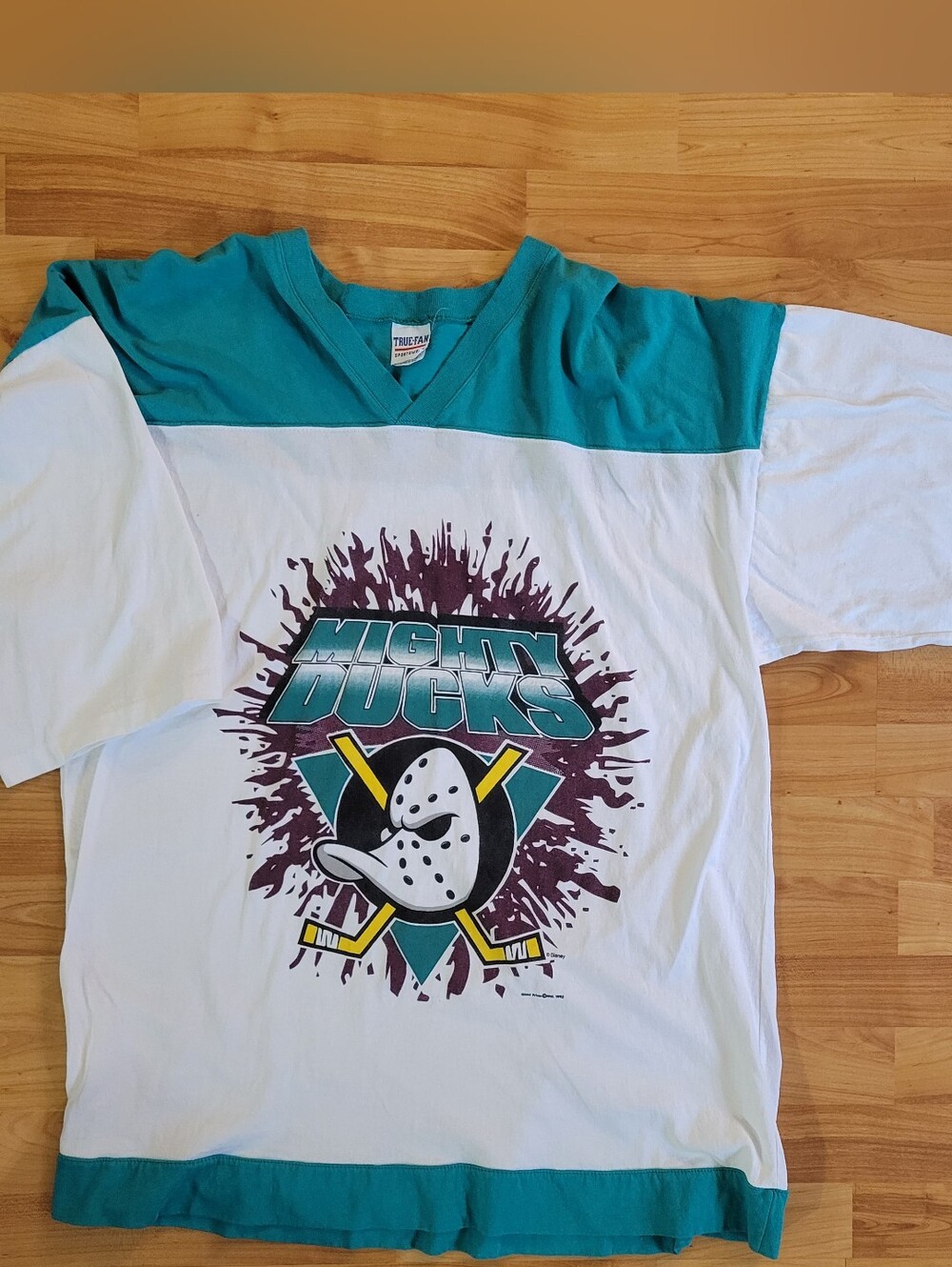 Vintage Mighty Ducks True Fan Colorblock Teal White V-Neck Half Sleeve Tee, XLT